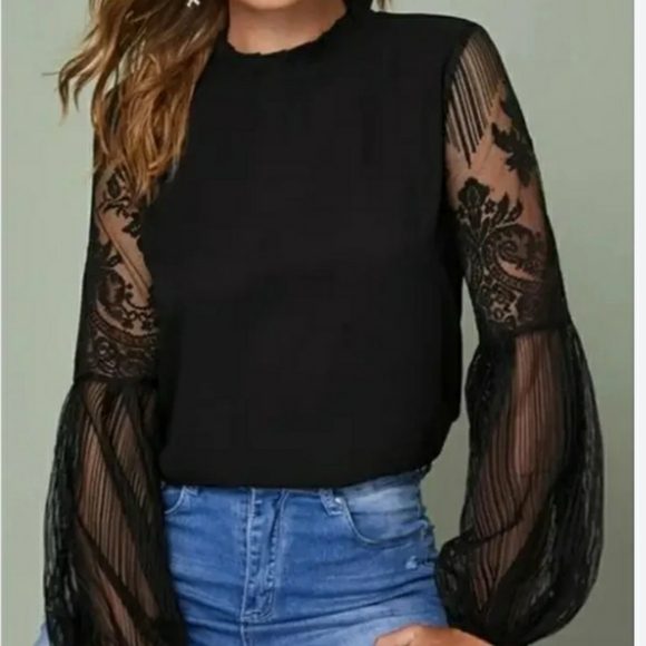 Delicate Sexy Elegant size M black lace with mesh lantern sleeve blouse - Picture 1 of 10